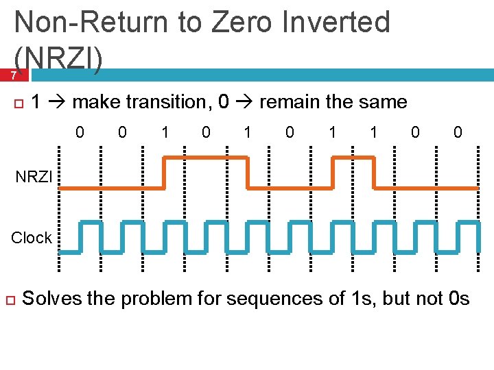 Non-Return to Zero Inverted (NRZI) 7 1 make transition, 0 remain the same 0