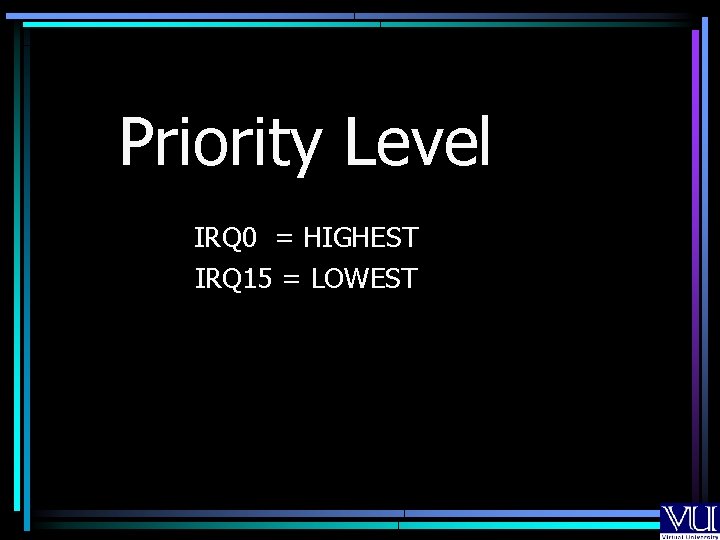 Priority Level IRQ 0 = HIGHEST IRQ 15 = LOWEST Priority Level IRQ 0 = HIGHEST IRQ 15 = LOWEST