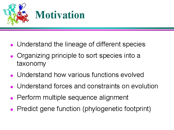Motivation l l Understand the lineage of different species Organizing principle to sort species Motivation l l Understand the lineage of different species Organizing principle to sort species