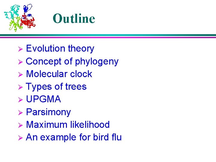 Outline Evolution theory Ø Concept of phylogeny Ø Molecular clock Ø Types of trees Outline Evolution theory Ø Concept of phylogeny Ø Molecular clock Ø Types of trees