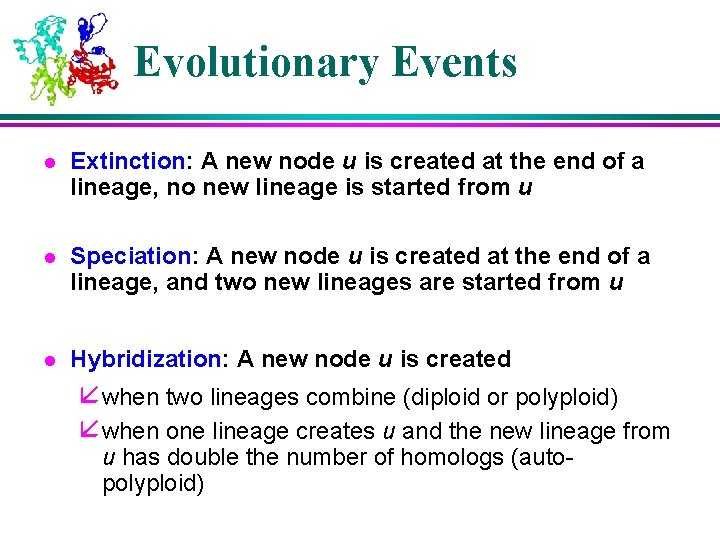 Evolutionary Events l Extinction: A new node u is created at the end of Evolutionary Events l Extinction: A new node u is created at the end of