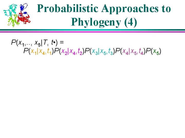 Probabilistic Approaches to Phylogeny (4) P(x 1, . . , x 5|T, t • Probabilistic Approaches to Phylogeny (4) P(x 1, . . , x 5|T, t •