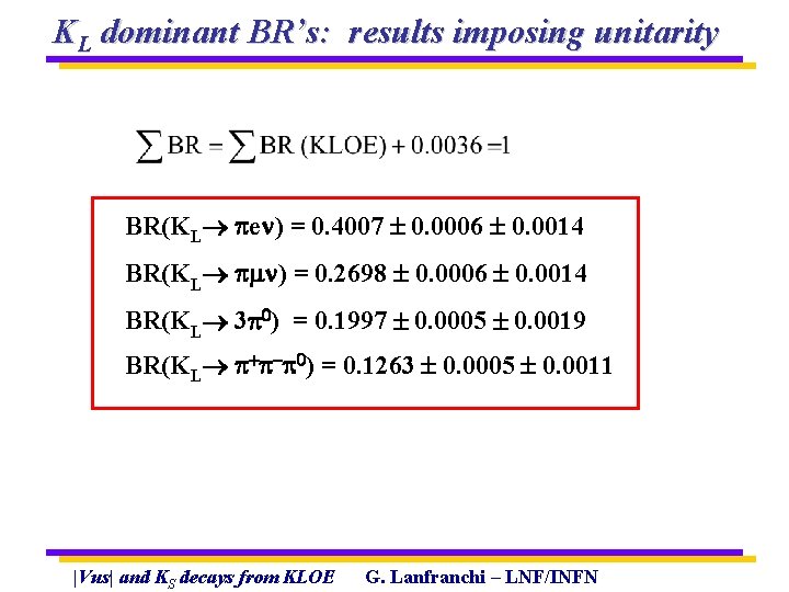 KL dominant BR’s: results imposing unitarity BR(KL e ) = 0. 4007 0. 0006