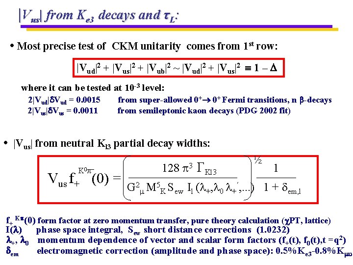 |Vus| from Ke 3 decays and τL: • Most precise test of CKM unitarity