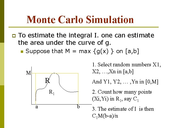 Monte Carlo Simulation p To estimate the integral I. one can estimate the area