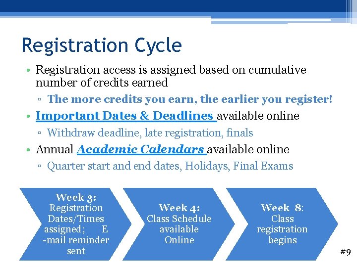 Registration Cycle • Registration access is assigned based on cumulative number of credits earned