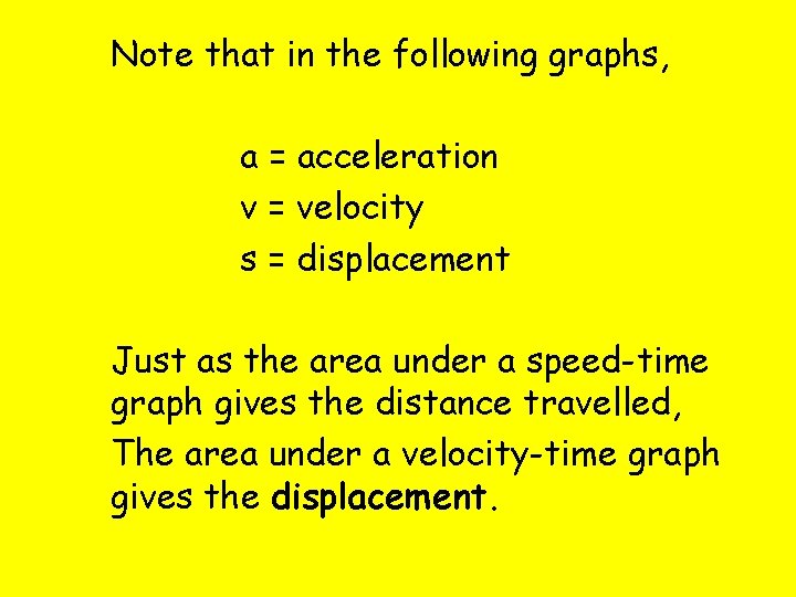 Note that in the following graphs, a = acceleration v = velocity s =