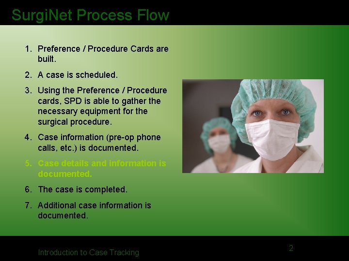 Surgi. Net Process Flow 1. Preference / Procedure Cards are built. 2. A case