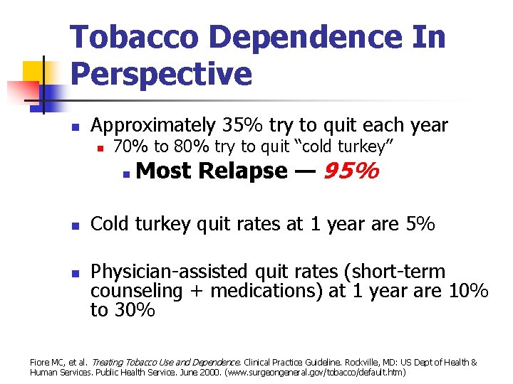 Tobacco Dependence In Perspective n Approximately 35% try to quit each year n 70%