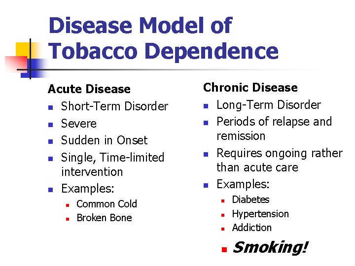 Disease Model of Tobacco Dependence Acute Disease n Short-Term Disorder n Severe n Sudden