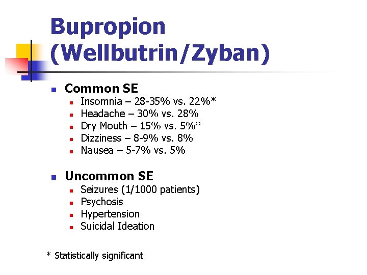 Bupropion (Wellbutrin/Zyban) n Common SE n n n Insomnia – 28 -35% vs. 22%*