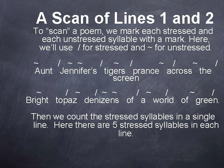 A Scan of Lines 1 and 2 To “scan” a poem, we mark each