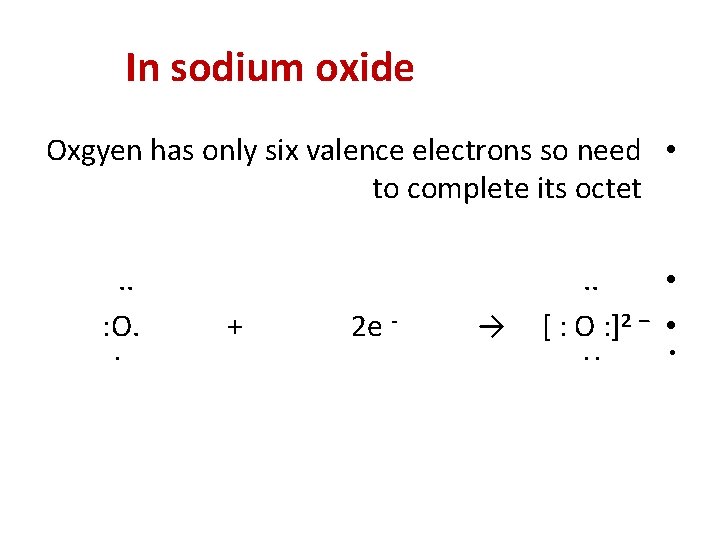 In sodium oxide Oxgyen has only six valence electrons so need • to complete