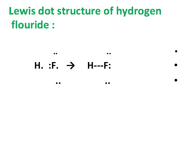 Lewis dot structure of hydrogen flouride : . . H. : F. →. .