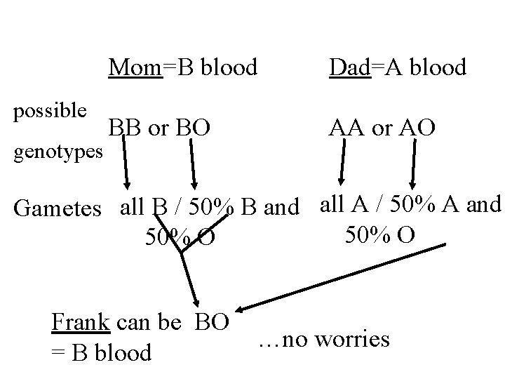 possible genotypes Mom=B blood Dad=A blood BB or BO AA or AO Gametes all