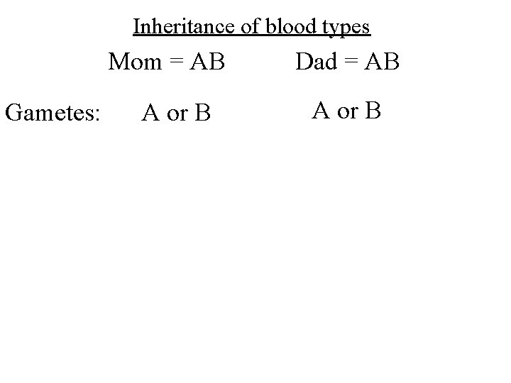 Inheritance of blood types Mom = AB Gametes: A or B Dad = AB