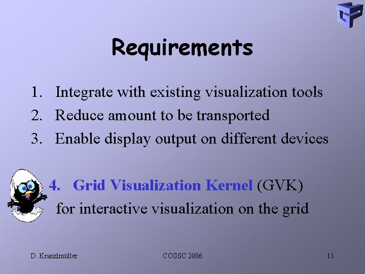 Requirements 1. Integrate with existing visualization tools 2. Reduce amount to be transported 3.