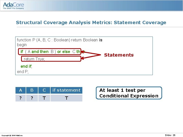 Structural Coverage Analysis Metrics: Statement Coverage function P (A, B, C : Boolean) return