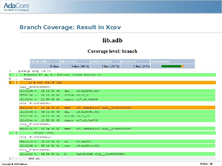 Branch Coverage: Result in Xcov Copyright © 2008 Ada. Core Slide: 36 