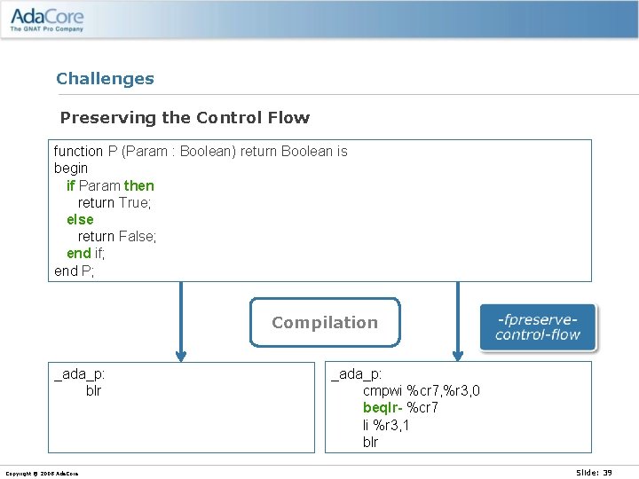 Challenges Preserving the Control Flow function P (Param : Boolean) return Boolean is begin