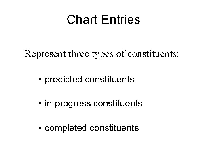 Chart Entries Represent three types of constituents: • predicted constituents • in-progress constituents •