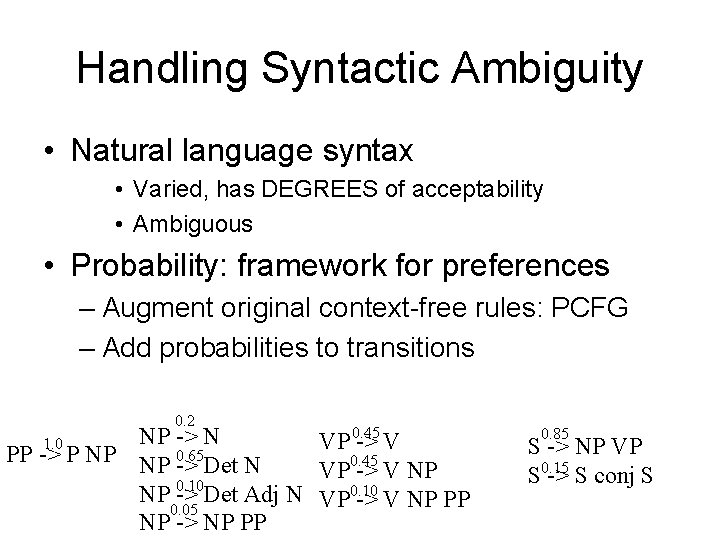Handling Syntactic Ambiguity • Natural language syntax • Varied, has DEGREES of acceptability •