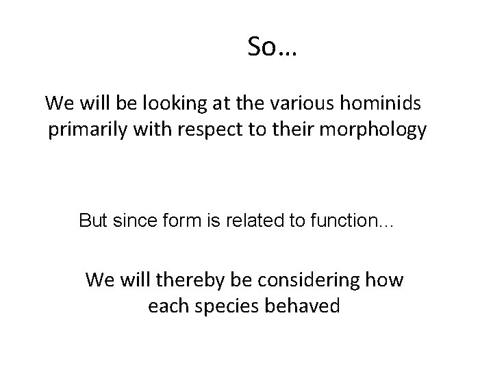 So… We will be looking at the various hominids primarily with respect to their