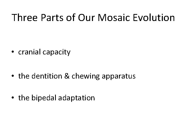 Three Parts of Our Mosaic Evolution • cranial capacity • the dentition & chewing