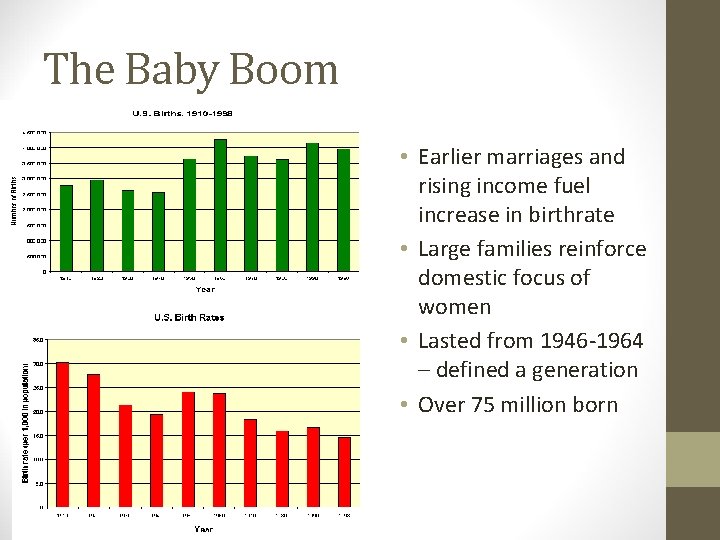 The Baby Boom • Earlier marriages and rising income fuel increase in birthrate •