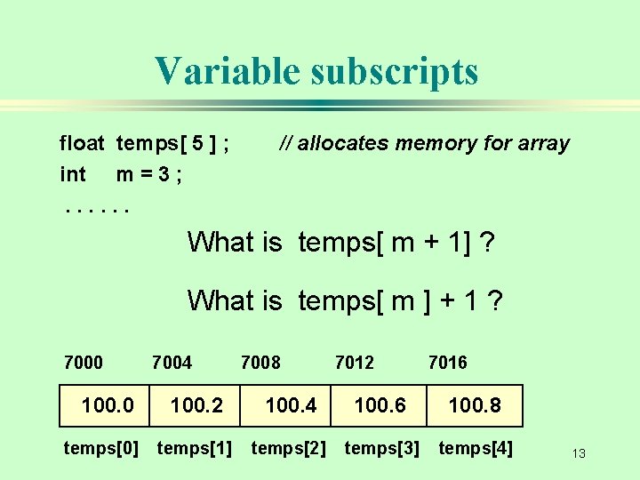 Variable subscripts float temps[ 5 ] ; int m = 3 ; . .