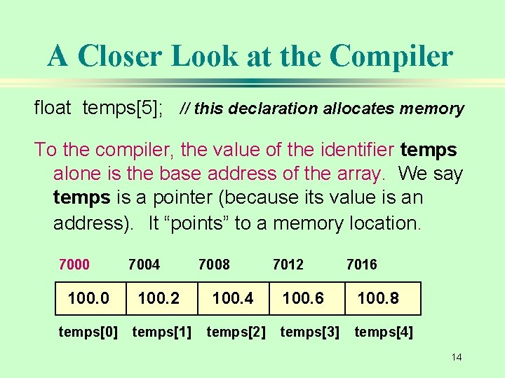 A Closer Look at the Compiler float temps[5]; // this declaration allocates memory To