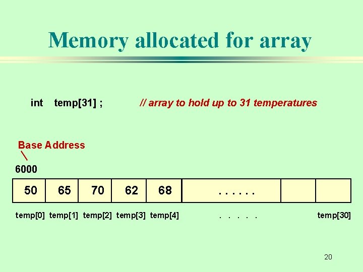 Memory allocated for array int temp[31] ; // array to hold up to 31