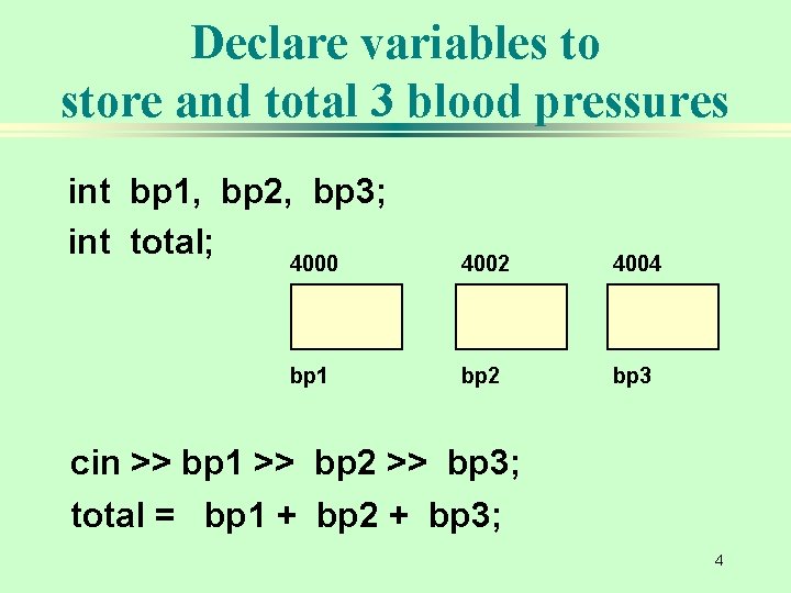 Declare variables to store and total 3 blood pressures int bp 1, bp 2,