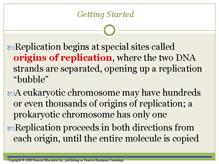 Getting Started Replication begins at special sites called origins of replication, where the two