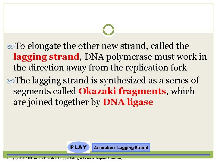  To elongate the other new strand, called the lagging strand, DNA polymerase must