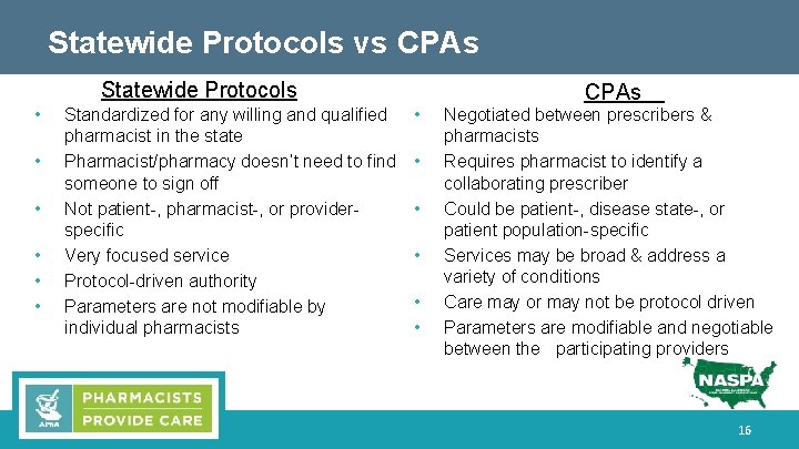 Statewide Protocols vs CPAs Statewide Protocols • • • Standardized for any willing and