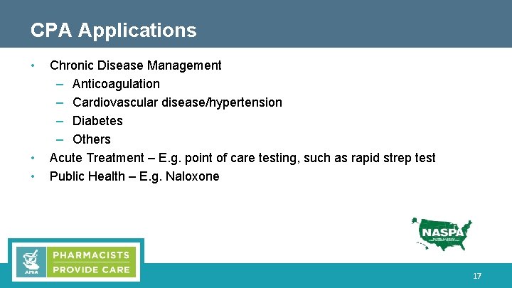 CPA Applications • • • Chronic Disease Management – Anticoagulation – Cardiovascular disease/hypertension –