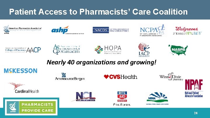 Patient Access to Pharmacists’ Care Coalition Nearly 40 organizations and growing! 24 