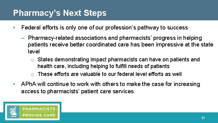 Pharmacy’s Next Steps • Federal efforts is only one of our profession’s pathway to