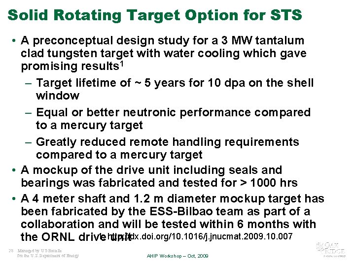 Solid Rotating Target Option for STS • A preconceptual design study for a 3