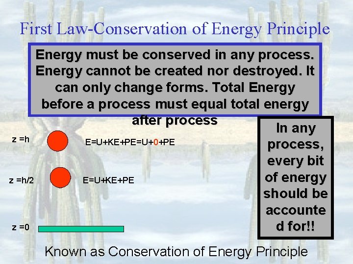 First Law-Conservation of Energy Principle Energy must be conserved in any process. Energy cannot