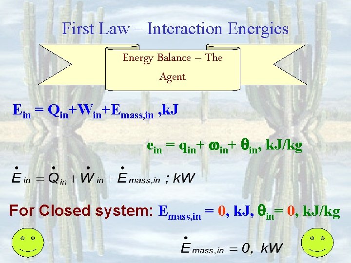 First Law – Interaction Energies Energy Balance – The Agent Ein = Qin+Win+Emass, in