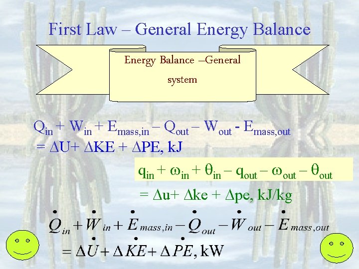 First Law – General Energy Balance –General system Qin + Win + Emass, in