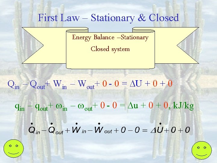 First Law – Stationary & Closed Energy Balance –Stationary Closed system Qin – Qout+