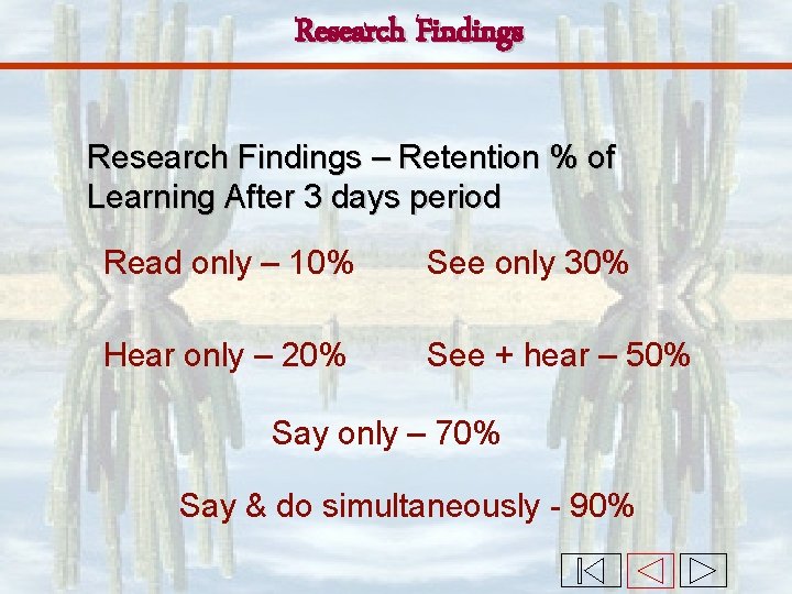 Research Findings – Retention % of Learning After 3 days period Read only –