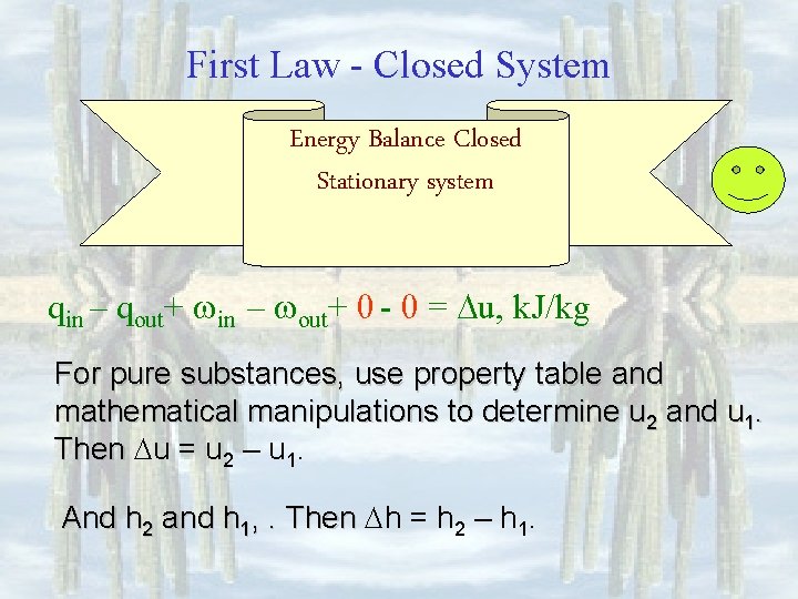 First Law - Closed System Energy Balance Closed Stationary system qin – qout+ in