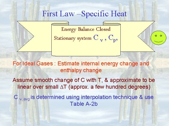 First Law –Specific Heat Energy Balance Closed Stationary system C , Cp, For Ideal