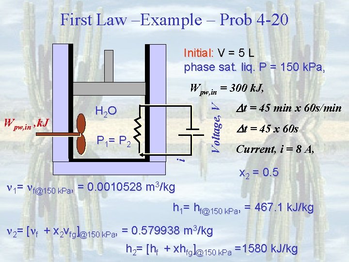 First Law –Example – Prob 4 -20 Initial: V = 5 L phase sat.