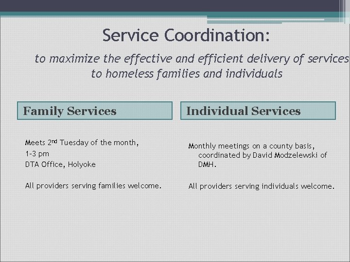 Service Coordination: to maximize the effective and efficient delivery of services to homeless families