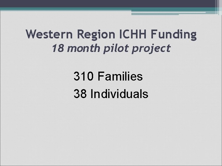 Western Region ICHH Funding 18 month pilot project 310 Families 38 Individuals 